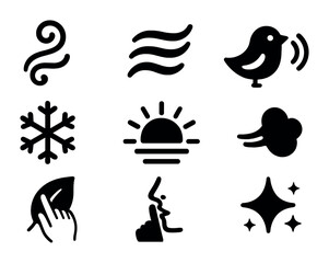 Sensory Morning Icons. Solid, filled icons set of sensory morning symbols: scent swirl, soft rustle icon, bird