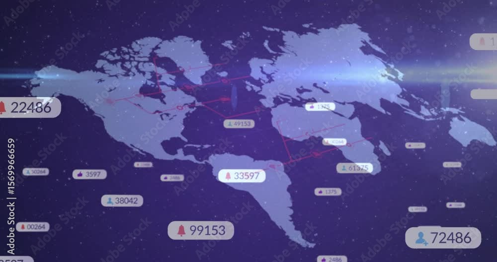 Poster light flare animating world map with badges spawning and linking regions to show network growth
