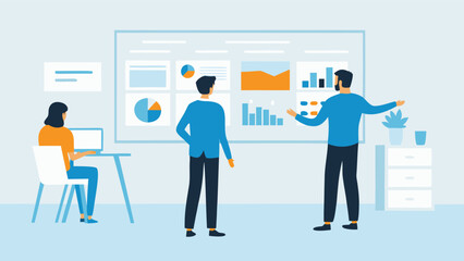 Team analyzing data on dashboard with graphs and charts in a business meeting presentation setting