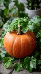 Obraz premium Top view of a pumpkin surrounded by vibrant autumn leaves, perfect for seasonal decoration and celebration in a warm, inviting atmosphere
