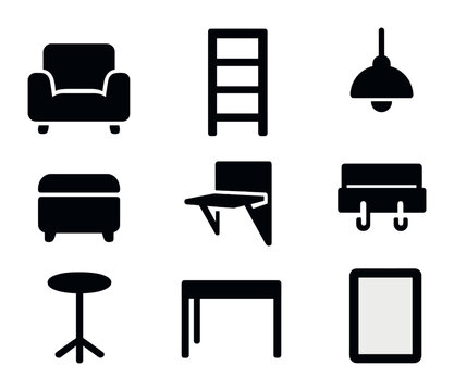 Modern Space Icons. Solid, filled icons set of small space statement pieces: compact armchair, tall narrow