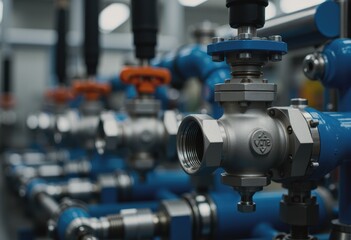 Industrial factory compressed air system with blue pipes and valves