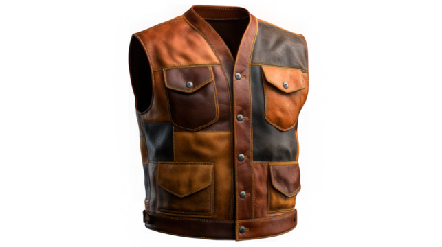 Stylish patchwork leather vest with multiple pockets isolated on transparent background