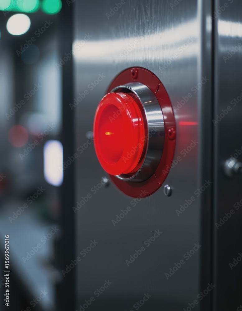 Poster emergency stop station on a production line with a bright red button