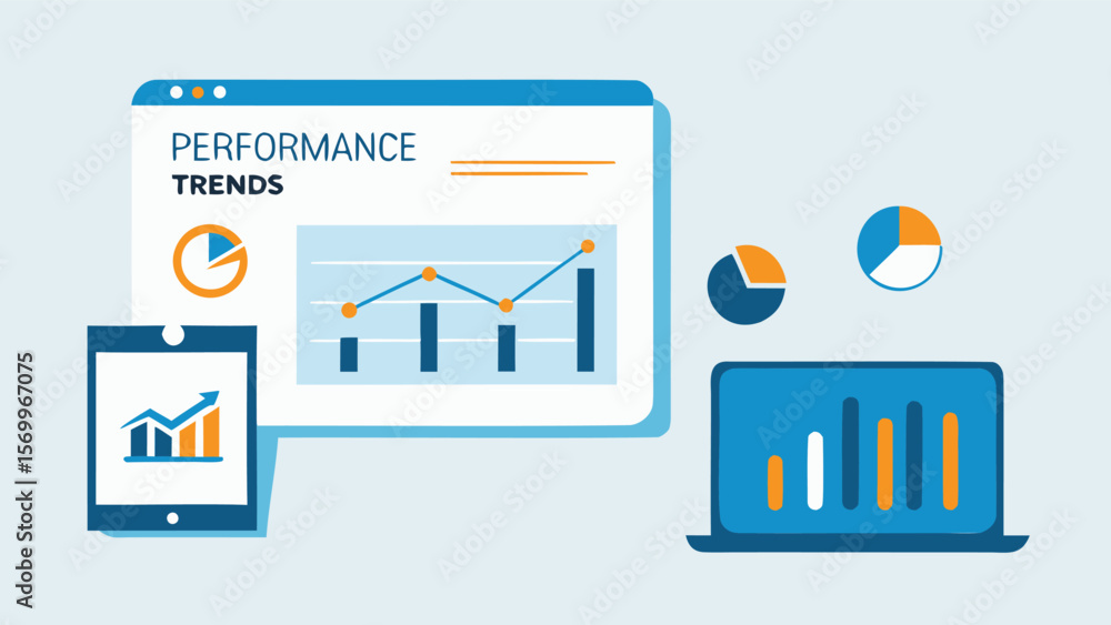 Poster illustration of performance trends shown on various devices with charts and graphs display 100