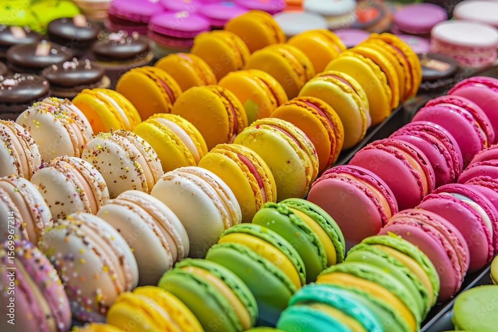 Aufkleber delicious colorful macarons arranged in rows create a visually appealing display, tempting customers
