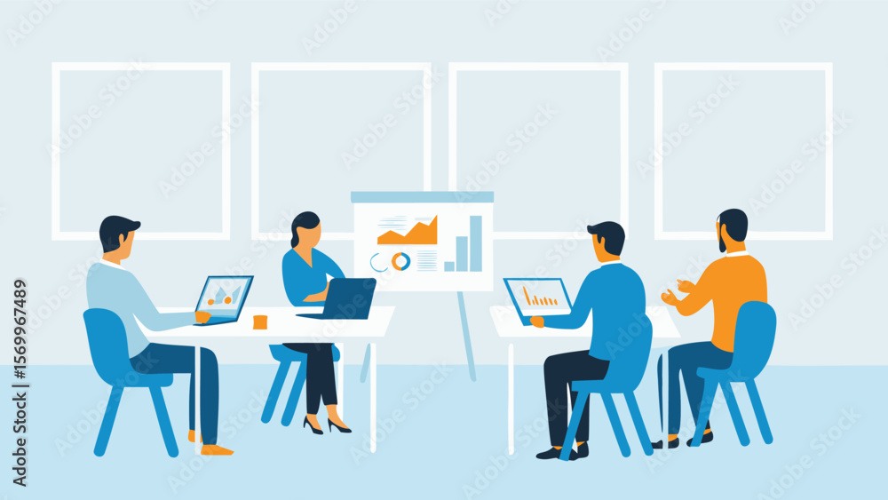 Poster group of people sitting around a table with laptops and presentation in a conference room setting
