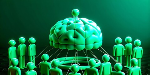 A group of people connected to a central brain concept.