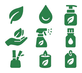 Green Wellness Icons. Solid, filled icons set of green branding for wellness products: spa leaf, calm drop,