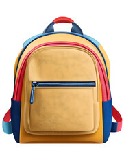 realistic school backpack mockup, front view with colorful straps, isolated on transparent background