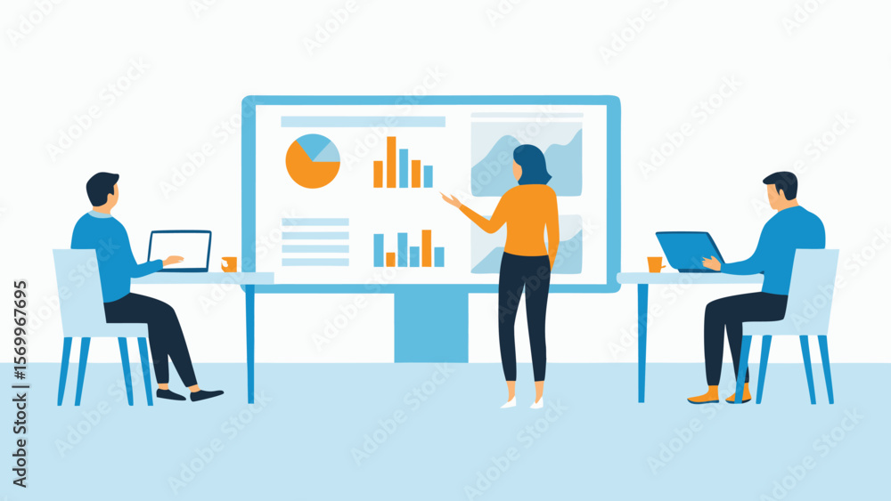 Poster woman presenting data charts to colleagues working on laptops in a meeting environment setting