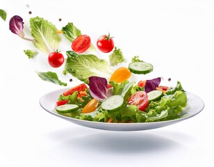 fresh colorful vegetable salad flying over white plate isolated on white background