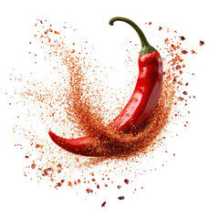 Hot Spicy Chili Pepper Powder curly splash in middle of air, Hot chili pepper powder creates a curly splash in mid-air, isolated on transparent background