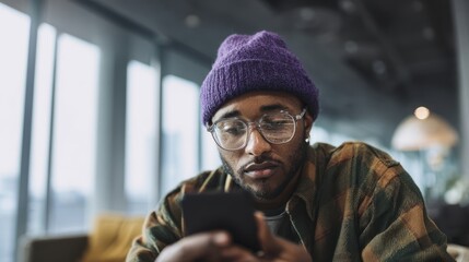 The man using a smartphone in a cozy café environment.