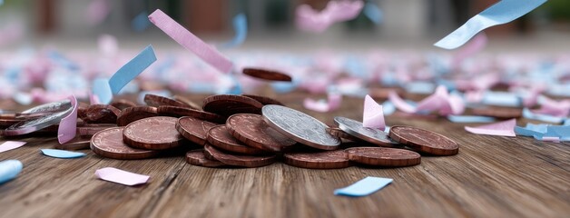 Golden coins and copper jewelry fall gracefully in a celebratory atmosphere with confetti and bokeh lights enhancing the festive mood