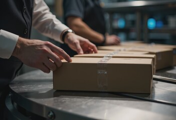 Hands packaging products on a conveyor belt in a busy warehouse setting