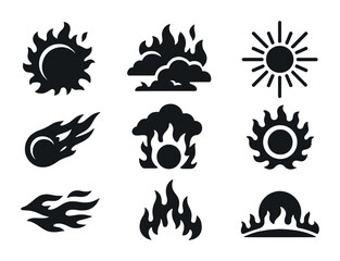 Obraz premium Celestial Fire Icons. Solid, filled icons set of celestial fire scenes: solar flare, firestorm sky, sunburst,