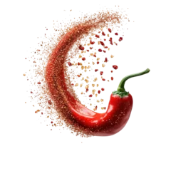 Gardinen Hot Spicy Chili Pepper Powder curly splash in middle of air, Hot chili pepper powder creates a curly splash in mid-air, isolated on transparent background © Hn