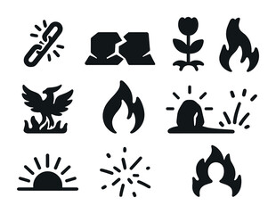 Fototapeta premium Rising Rebirth Icons. Solid, filled icons set of rising from the ashes motifs: broken chains, cracked ground,