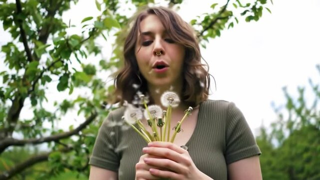 Young woman blowing dandelions in a green garden, captured in a soft summer breeze to reflect nature, relaxation, freedom, youth, and emotional moments of peace and beauty