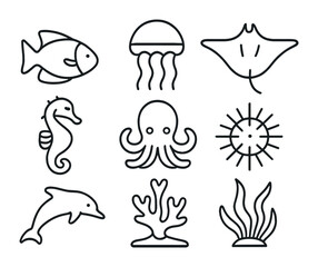 Naklejka premium Marine Life Icons. Outline icon set of marine life biodiversity: tropical fish, jellyfish, manta ray, seahorse