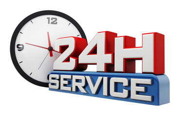 24 hours open text and clock isolated on transparent background. 3D illustration