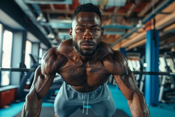 Fototapeta premium Determined bodybuilder performing push ups, showcasing strength and dedication to fitness