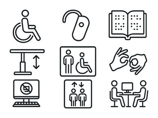 Accessibility Icon Set. Outline icon set of accessibility at work: wheelchair, hearing aid, braille book,