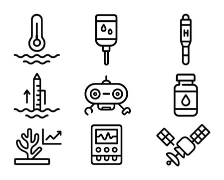 Oceanographic Research Icons. Outline icon set of oceanographic research: water temperature sensor, salinity