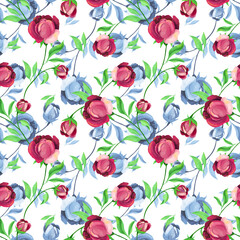 Hand drawn oil painting pink roses seamless pattern. Blue shade flower silhouettes on white background.