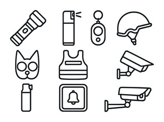 Obraz premium Self-Defense Icon Set. Outline icon set of self-defense tools: tactical flashlight, pepper spray, personal