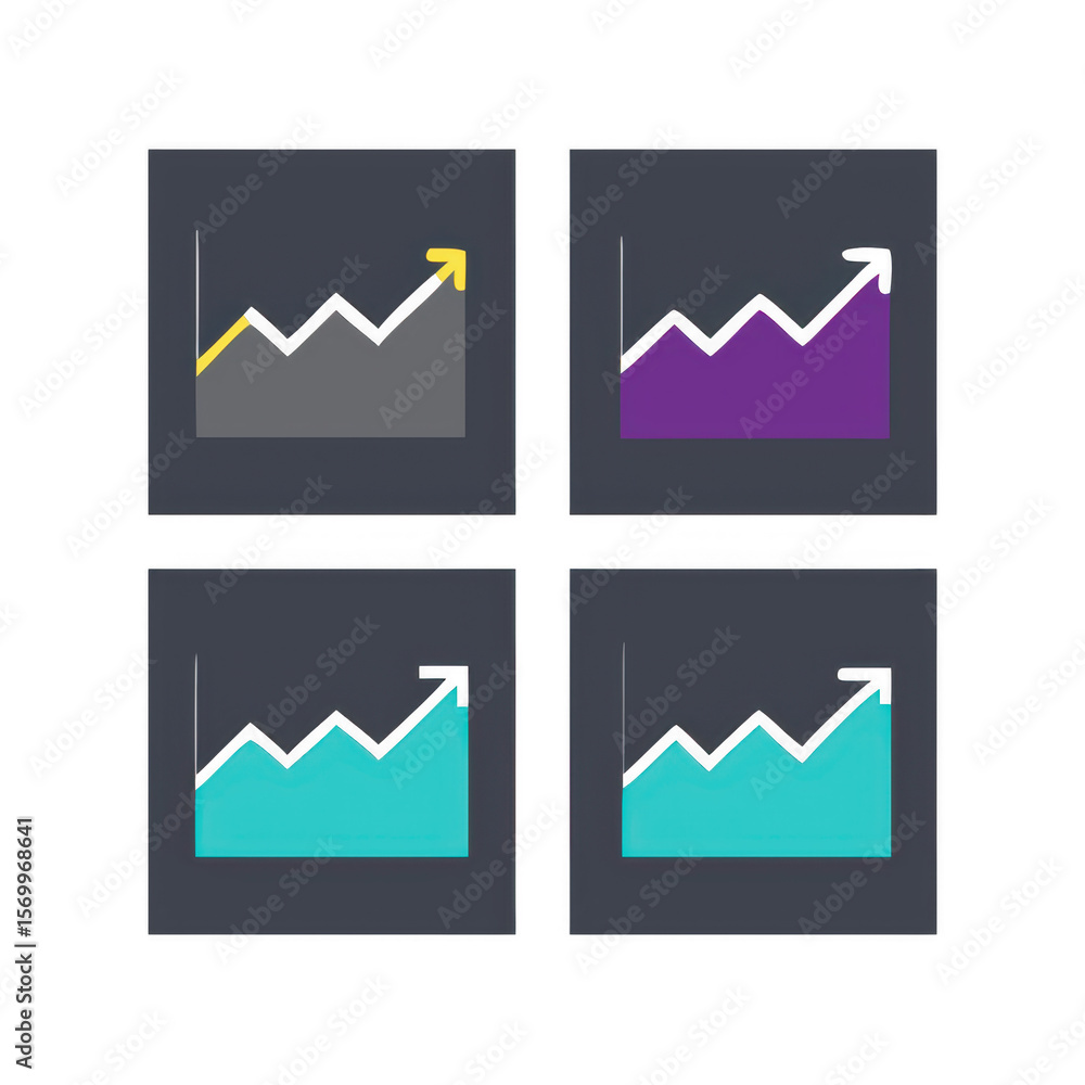 Poster four growing trend graphs with upward arrows isolated on transparent background