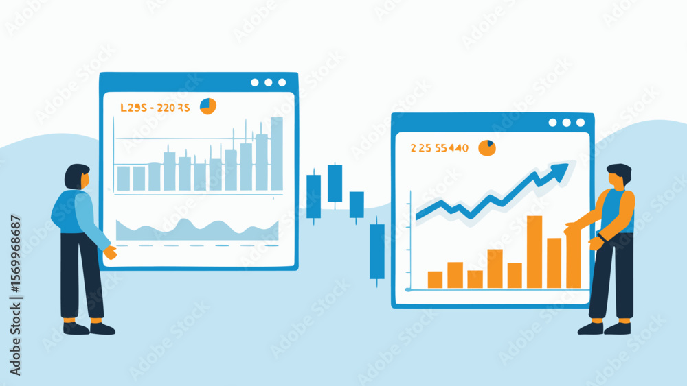 Poster two people analyzing data charts on screens with bar graphs and a rising arrow on a light blue backg