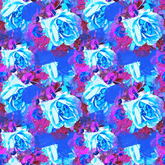 A seamless pattern of hand-painted watercolor pink roses on a blue background, perfect for elegant fabric, wallpaper and stationery designs. Abstract and brush-painted roses