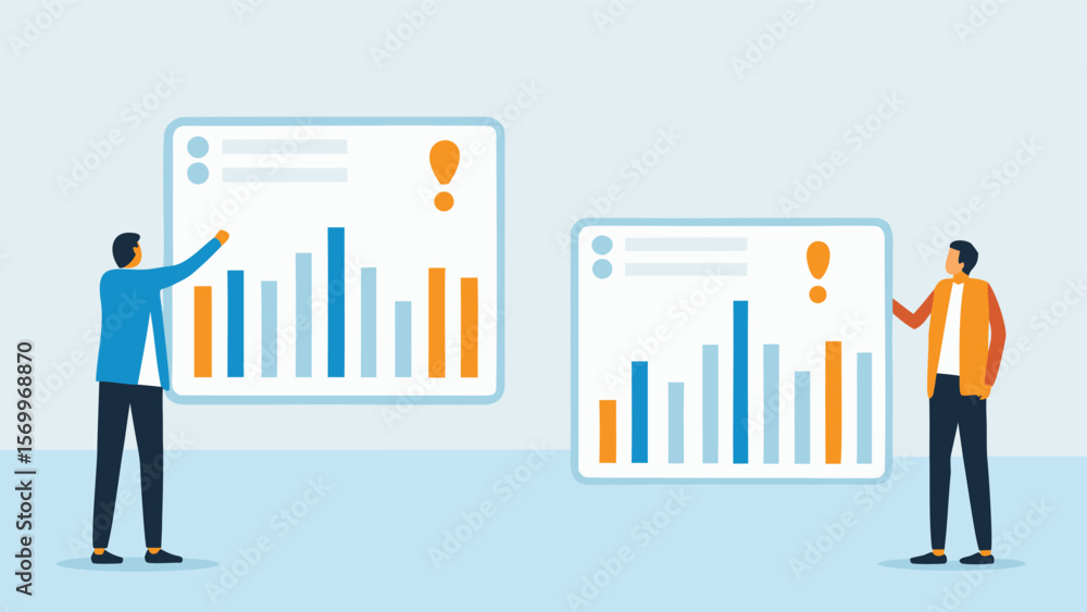 Poster two people analyzing bar graphs on screens with exclamation points in a light blue background