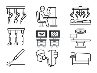 Robotic Surgery Icons. Outline icon set of robotic surgical systems: robotic arms, surgeon console, patient on