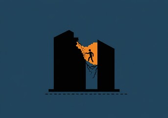 Minimalist Illustration of a Person Escaping a Collapsing Building - Conceptual graphic symbolizing crisis, recovery, resilience, or overcoming challenges.