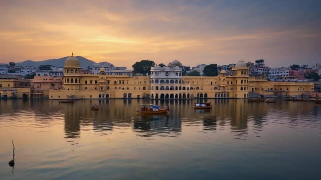 serene lake at udaipur city palace indian landscape video