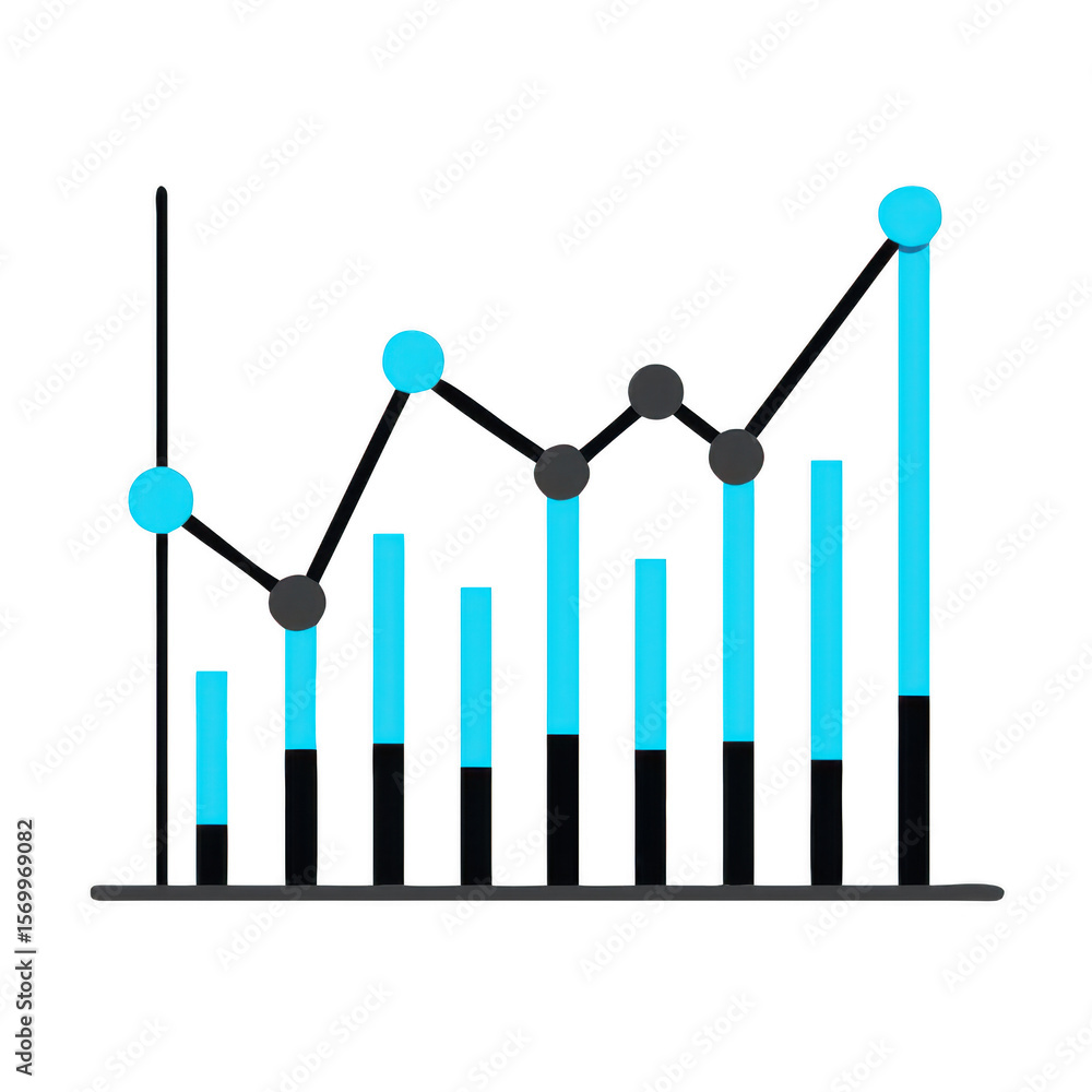 Poster bar and line graph showing upward trend isolated on transparent background