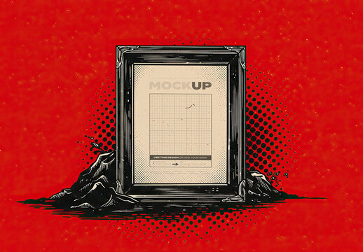 Halftone Engraved Vertical Poster Image Frame Mockup with Rocks