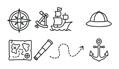Exploration Icons Set. Outline vector icons of the Age of Exploration: compass rose, sextant, sailing ship,