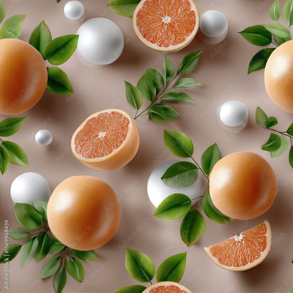 Poster bright and colorful display features fresh oranges and red grapefruits surrounded by green leaves, c