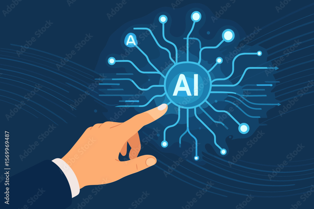 Poster artificial intelligence concept. businessman hand touching a glowing ai neural network icon. machine