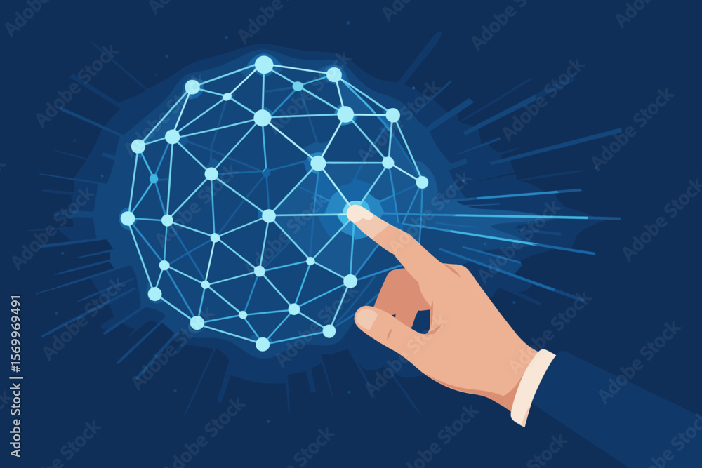 Poster hand touching glowing digital data network. ai, machine learning vector concept. global communicatio