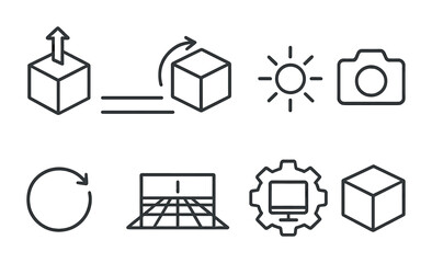3D Animation Tools Icons. Outline vector icons of 3D logo animation: extrusion tool, rotation axis, depth