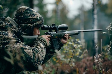 Fototapeta premium Hunter wearing camouflage clothing aiming with sniper rifle in forest during hunting season