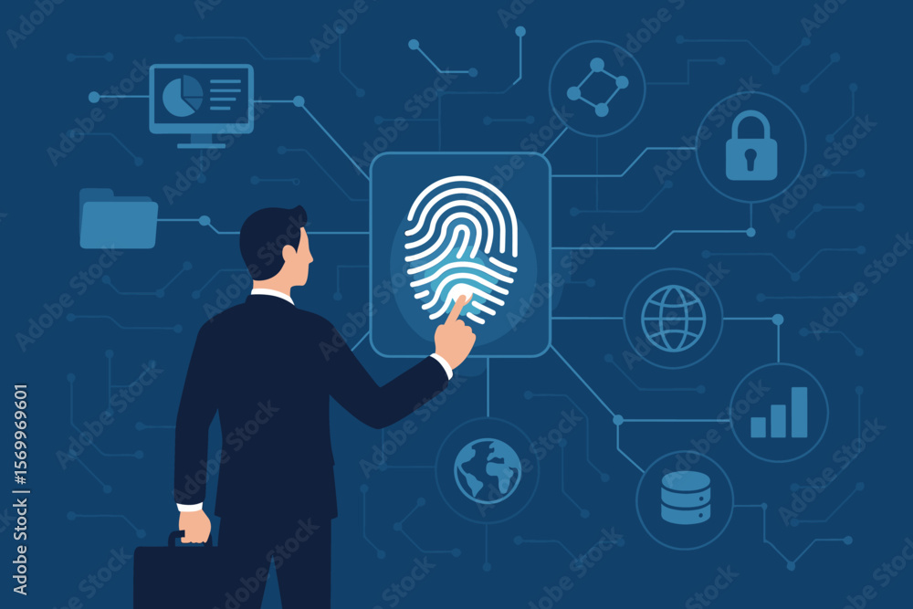 Poster businessman fingerprint scanning to unlock network. biometric identification for data access. cyber 