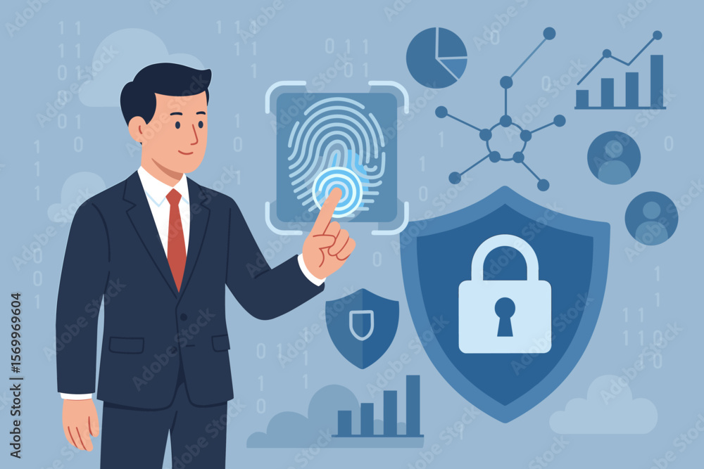 Poster businessman fingerprint scanning to unlock and access business data network. concept of cyber securi
