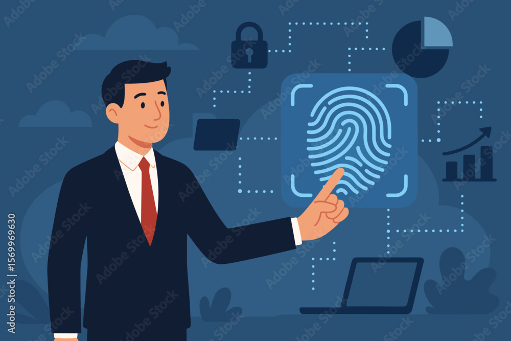Poster businessman using fingerprint scanning for biometric identification and authentication. concept of c