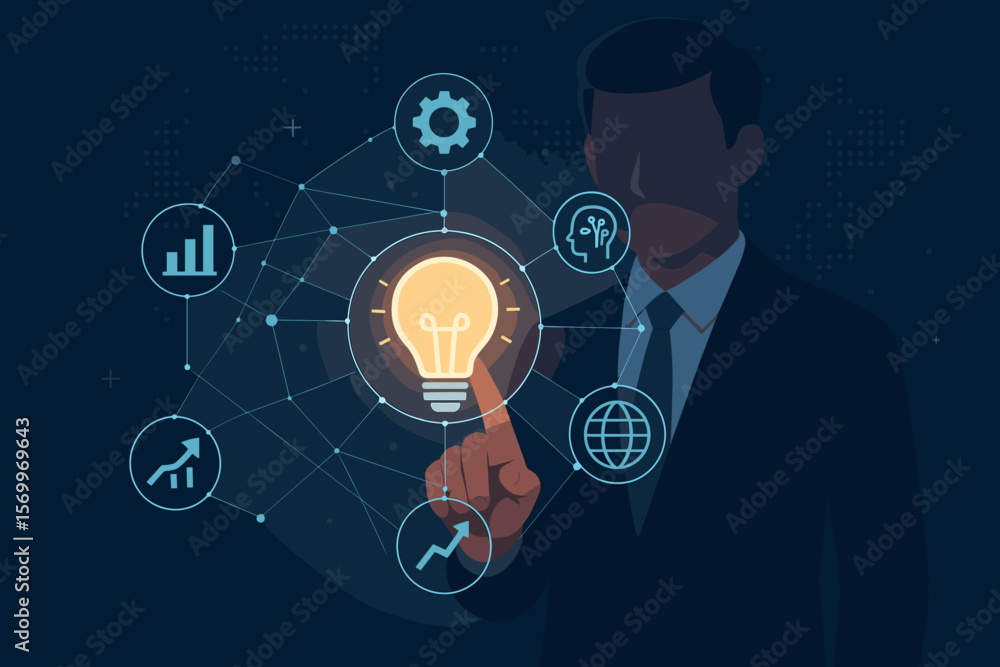Poster businessman hand touching virtual interface with lightbulb. innovation idea for digital solution and